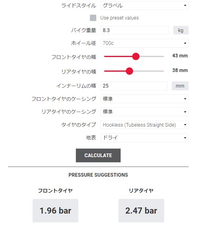 前輪の空気圧はついに1気圧台へ